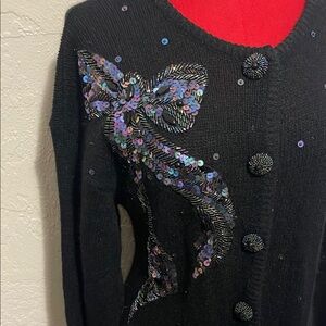 Vintage Sequin Bow Embellished Black Cardigan